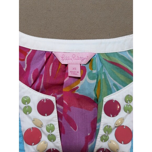 Lilly Pulitzer Women's Floral Blouse V-Neck w/ Embellishments Lagenlook Size XS - Picture 5 of 10